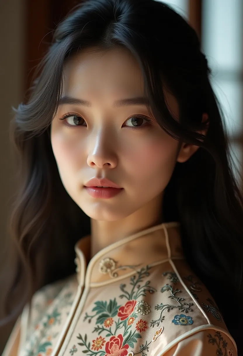 A beautiful Chinese woman with graceful features, close-up portrait, long flowing black hair, wearing a traditional silk cheongsam delicately embroidered with floral patterns, face softly illuminated by ambient light, serene expression