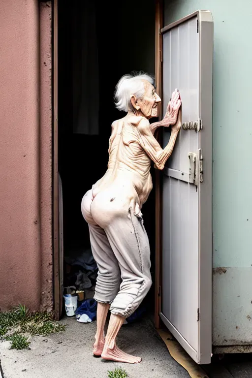 (great grandmother), naked, (80 years old), (wrinkled body), skinny, nude , street, alley, dumpster, dirty shirt, torn sweat pants, (pants pulled down to knees), (squatting), showing ass, showing pussy, nasty slut