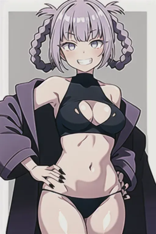 nanakusa nazuna, 1girl, bangs, bare shoulders, black nails, braid, breasts, cleavage cutout, clothing cutout, grin, groin, hair rings, hand on hip, hand up, jacket, light purple hair, long sleeves, looking at viewer, nail polish, navel, open clothes, open jacket, sleeveless, sleeveless turtleneck, sleeveless turtleneck crop top, smile, solo, turtleneck, w, <lora:dpmg_nanakusa_nazuna:1>