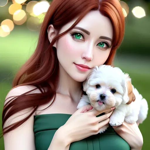 green eyeshadow,
innocent good, Anna of Arendelle 37 years old, Nordic, dressed in green modest dress, large natural blue eyes, sweet face, beautiful lips, soft curved eyebrows, warm smile, straight light auburn hair, medium long hair very gentle waves, modest breasts. cuddling a fluffy white Bichon Frise puppy at a picnic.
five fingers per hand, ultra realistic, pixiv, unreal engine, bokeh, reduced saturation, adult