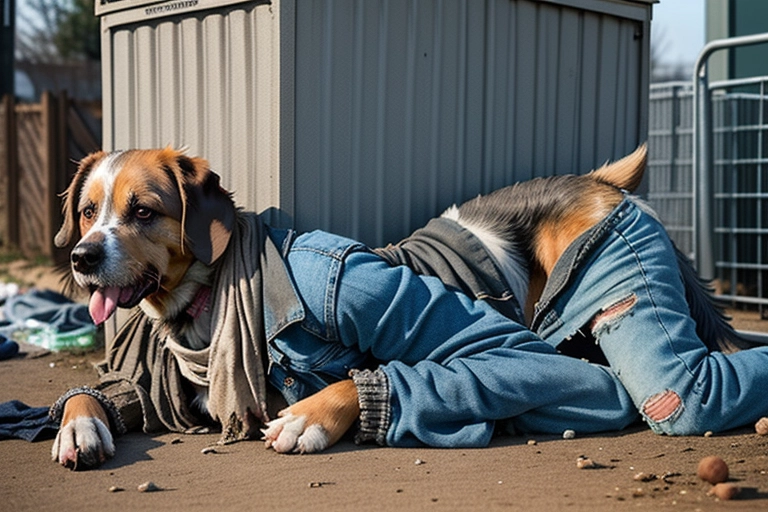 Beautiful Dirt covered homeless woman, ragged torn clothes, no pants, exposed vagina, exposed breasts, (litter covered kennel filled with dogs), legs spread, tired happy face, pet dog, legs spread, beastiality, dog sex, knotted, <lora:dpmg_fucked_from_behind:1>