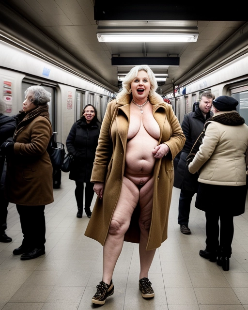 A naked mature lady is a naked exhibitionist at a city subway station, saggy and natural breasts, middle aged woman body shape, slightly overweight, wearing shoes and showing herself naked under her coat so that everyone can see her aroused mature pussy and hanging breasts. People in the background are all wearing street clothes and are allured by this naked woman displaying her open and creamy pussy to them.