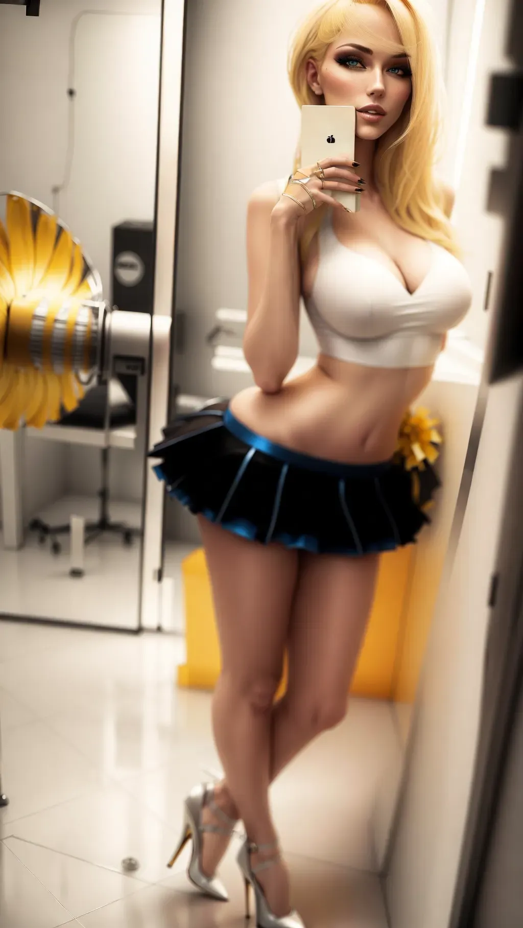 Sexy girl with blonde hair, posing, cheerleader outfit, high heels, skinny, small tits,
