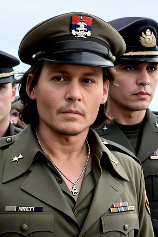 Johnny Depp, dressed as an army sergeant with army cap, next to a platoon