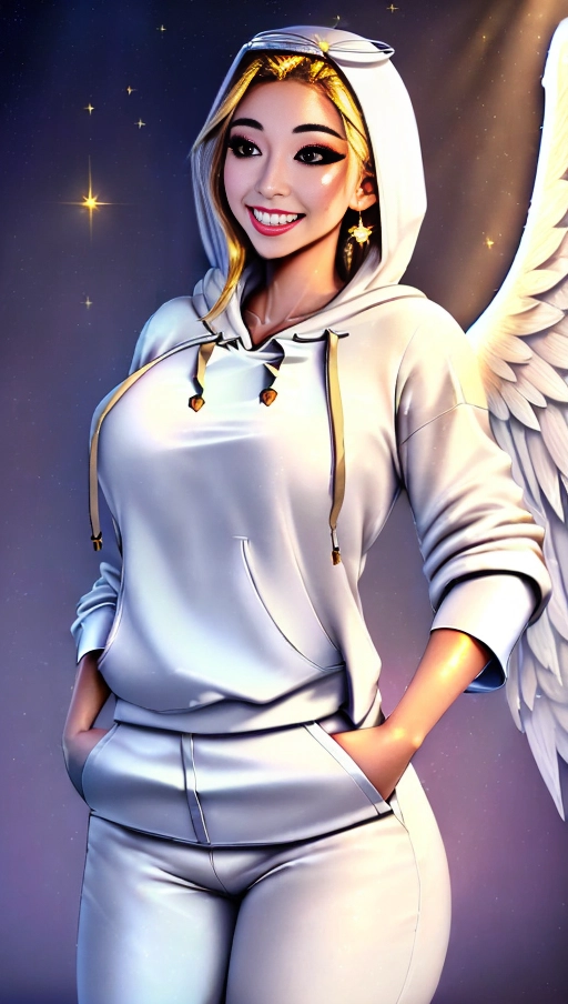 a 64k high detailed photo of Female Goddess, ((In clothing Robes))), (((In Hoodie))), HDR, Professional, Highly Detailed, ((In pants))), ((In Shirt)), ((Has Attire)), Godly, Ultra Detailed, Best Quality, Most Detailed, ((Angel Wings)), Angelic Lighting, Love, Hope, Magic casting, Smiling, happy, Glory, Warrior, Angels, Angelics, Positivity, Happiness, ecstasy, enraptured, sweaty, saving, God, Royalty, Morality, Goodness, True Good, Power, Force, Authority, Ethical, Saviour, Halo, Always and Forever Sentimental, in heat, hot, ultra hot, best, best lighting, tantric, Neutral, Brilliant, Logical, Compassionate, Perfect, Perfection, Exciting, Integrity, Winged, Courage, Purity, Harmony, Beauty mark, ((Female)), Ethereal Lighting, (((With Clothes))), ((With God Item)), ((God Tech)), (God Technology), with items of power, God Wings, (Afterlife Light), ((Perfect Body)), ((Perfect Anatomy)), (Love Worship), (God Light), ((God Staff))), ((God Weapon)), (Spirituality), (Smiling), ((Happy expression)), ((((Has Clothing On))), accessories,