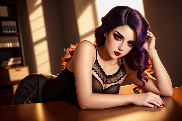 a color pencil draw of,a gorgeous gothic girl,wearing camisole,lying,at the office,five fingers per hand,fishtail hair,charming face,beautiful lips,curved eyebrows,curved eyelid,wearing golden ring,studio lighting,editorial,ultra realistic,bokeh,cinematic lighting