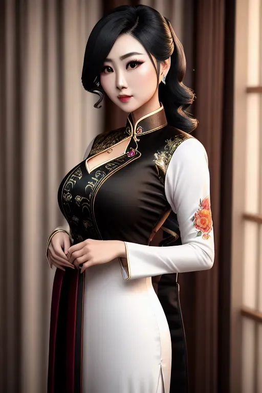 a photograph of,30 year old female,wearing ao dai,big breasts,five fingers per hand,wavy curtain bang,charming face,beautiful lips,curved eyebrows,curved eyelid,erotic,tattoo,unreal engine,highly detailed,sharp focus,professional,artstation, full body picture, slipped nipples