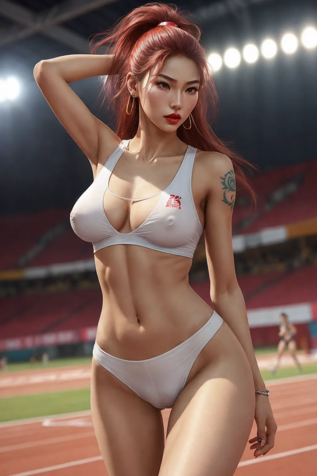 A shot of a young tall and slender female asian sprinter running a sprint during competition.
long legs, toned, (very big heavy tits), (huge bouncing tits), super small shorts, super small top, (erect nipples), sneakers, long hair, long eyelashes, heavy makeup, bright red lipstick, big earrings, long nails, lewd tattoo, camel toe, navel piercing,
gorgeous face, (((detailed face))),(((photo))), highest quality, ultra realistic, artstation, highly detailed, highly detailed, high detail hair, (sharp body), detailed body.