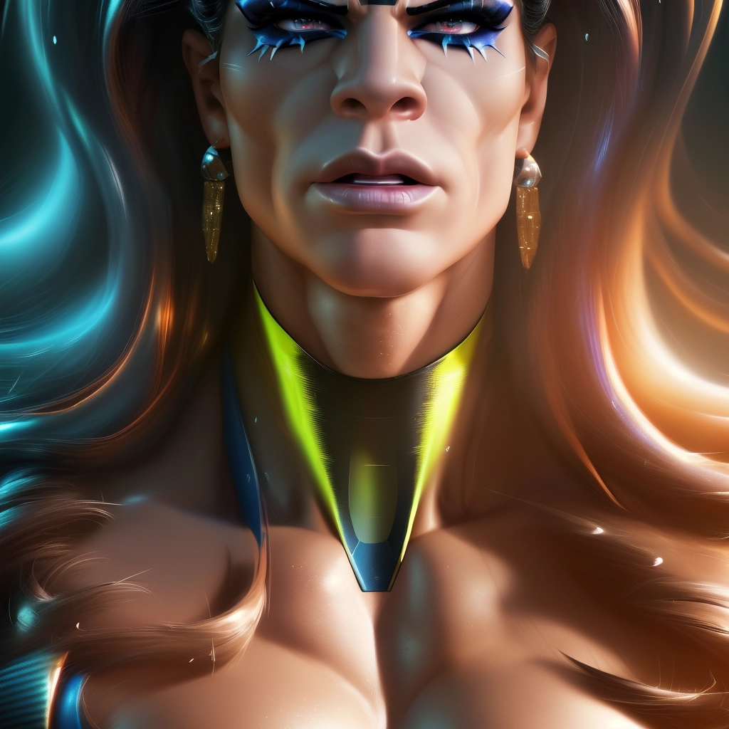hyper muscular mature drag queen, steroid face, extreme muscles, large facial features, hyper large muscles, (muscular face: 1.6), vivid colors, large face, full body portrait, (hyper muscles: 1.6), drag queen, mutant muscles, extreme muscles, extreme drag queen makeup, long hair styled with wet look, (extremely muscular face: 1.6), close up shot, oily skin, realistic skin, tanned, stable diffusion, sharp focus, depth of field, 8k photo, HDR, professional lighting, taken with Canon EOS R5, 75mm lens