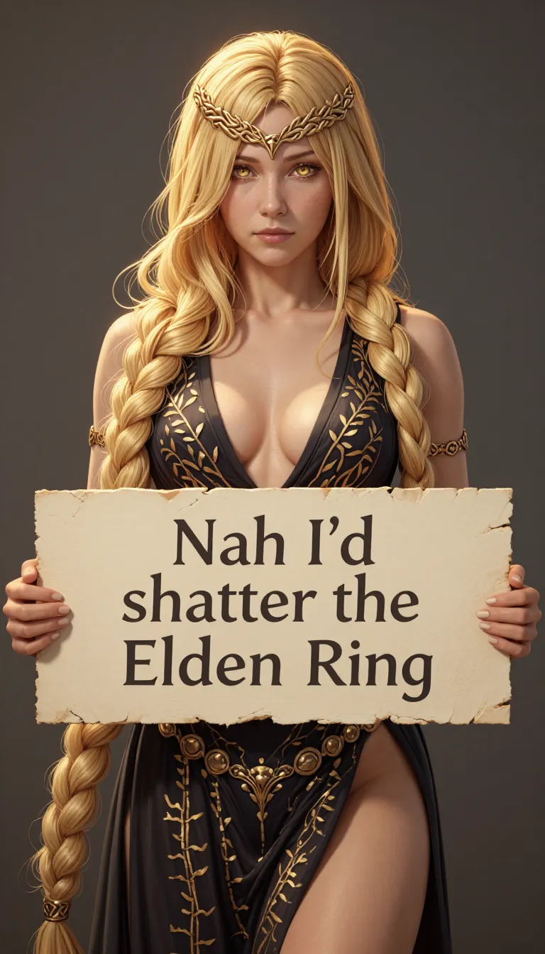 ultra realistic photo of QMarika holding a sign that says "Nah I'd shatter the Elden Ring", her revealing dark dress adorned with golden patterns, long flowing blonde braided hair, and golden eyes,