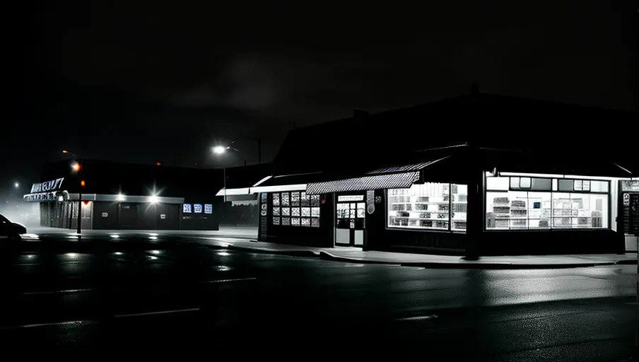 digital photo of large store, modern, (police car in front of store), foggy, night, noir, extremally wide shot