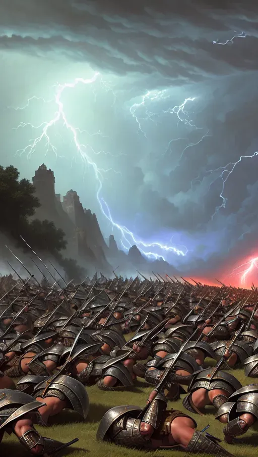 A highly detailed very wide digital paiting of a medieval war between two armies of bikini Armored warriors, thunderstorm background