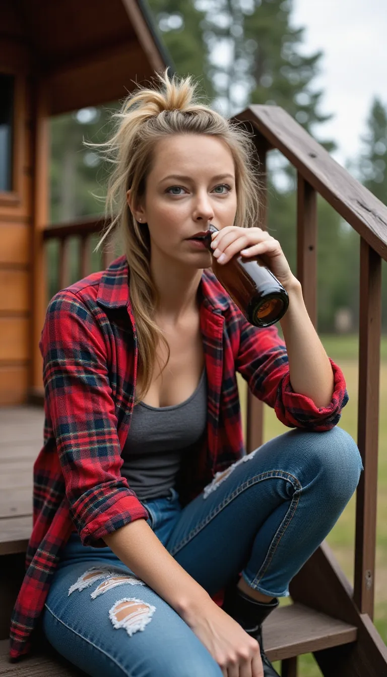 A sweaty and dirty pretty blonde woman sits down on the stairs of her cabin deck after working very hard, she wears tight jeans and a t-shirt with an unbuttoned flannel shirt over it. Messy hair in a cute ponytail style, drinking a beer from a long neck bottle, sweaty hair sticking to face, dirty and torn clothing