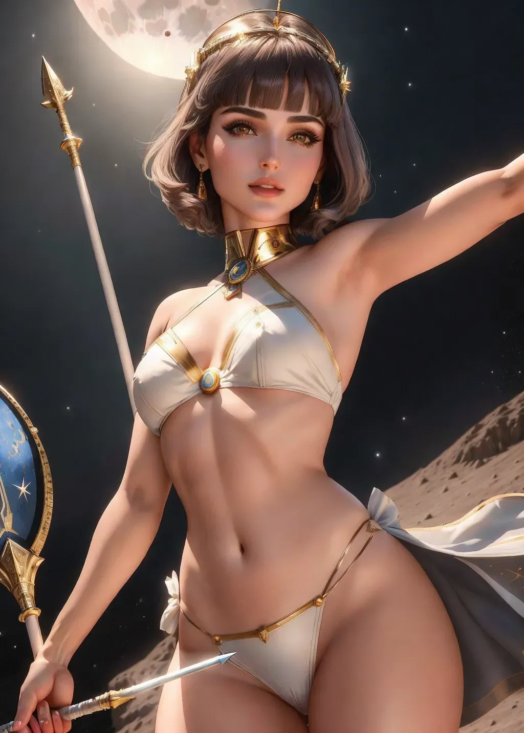 Dopamine Girl - realistic HD photograph, (((Sophia Di Martino)))((((accurate  face)))),(((as Artemis))),(((on the moon))),(((exposed midriff)))(((holding  a spear at the ready))),(((very short straight sleek haircut)))(((blunt  bangs))), ((very sexy pose ...