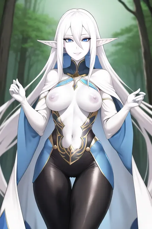 White hair, flowing hair, blue skin, tall, slim, blue eyes, pale skin, small breasts, thick, nipples, dark elf, skirt, cloak, beautiful face, leggings, forest background, smiling face, hi res,