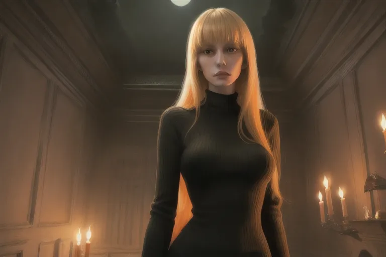long blonde hair,bangs,light orange sweater,large breasts,haunted house interior,hard nipples,black cat,full moon,scary background,pale skin,slender,tall