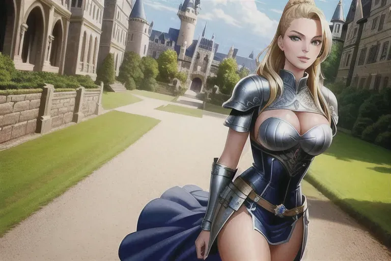 a concept art of,margot robbie,wearing medieval armor,walking,at the castle,natural breasts,five fingers per hand, blonde undercut and ponytail,charming face,beautiful lips,brown eyes,curved eyebrows,curved eyelid,smooth skin,satisfaction,cgsociety,pixiv,ultra realistic,highly detailed,bokeh,
