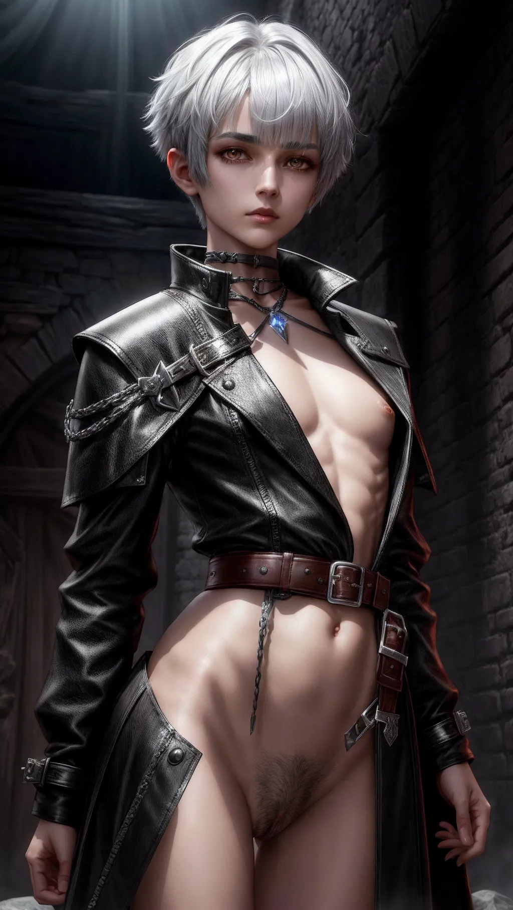 8k, raw photo, masterpiece, dungeons and dragons, changling character, grey hair, hair cut short on side, long bangs over one eye, black eyes, lithe figure, dark aura,
Leather armour, straps, belt, buckles, black trench coat, daggers on belt, clothing exposes vagina,
Androgynous, cute, flat chest, exposed vagina, white pubic hair,
Absurd res, highly detailed, fantasy background, pixiv, cinematic lighting, sharp focus, <lora:dpmg_add_detail:1>, <lora:crotchless:1>,