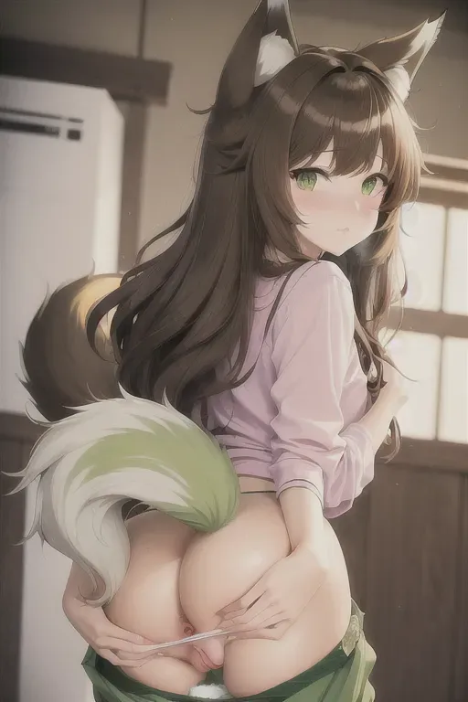 high quality, girl, nsfw, brown hair, green eyes, fluffy wolf ears, fluffy wolf tail, anime, shy, cute, panties, detailed, (view from the front), lewd face, looks concerned, pantpulldown, stylish summer shirt, perfect pussy, perfect figure, undressing, pant pulled down, <lora:dpmg_pantpulldown:.5>, (faced toward viewer), masturbation