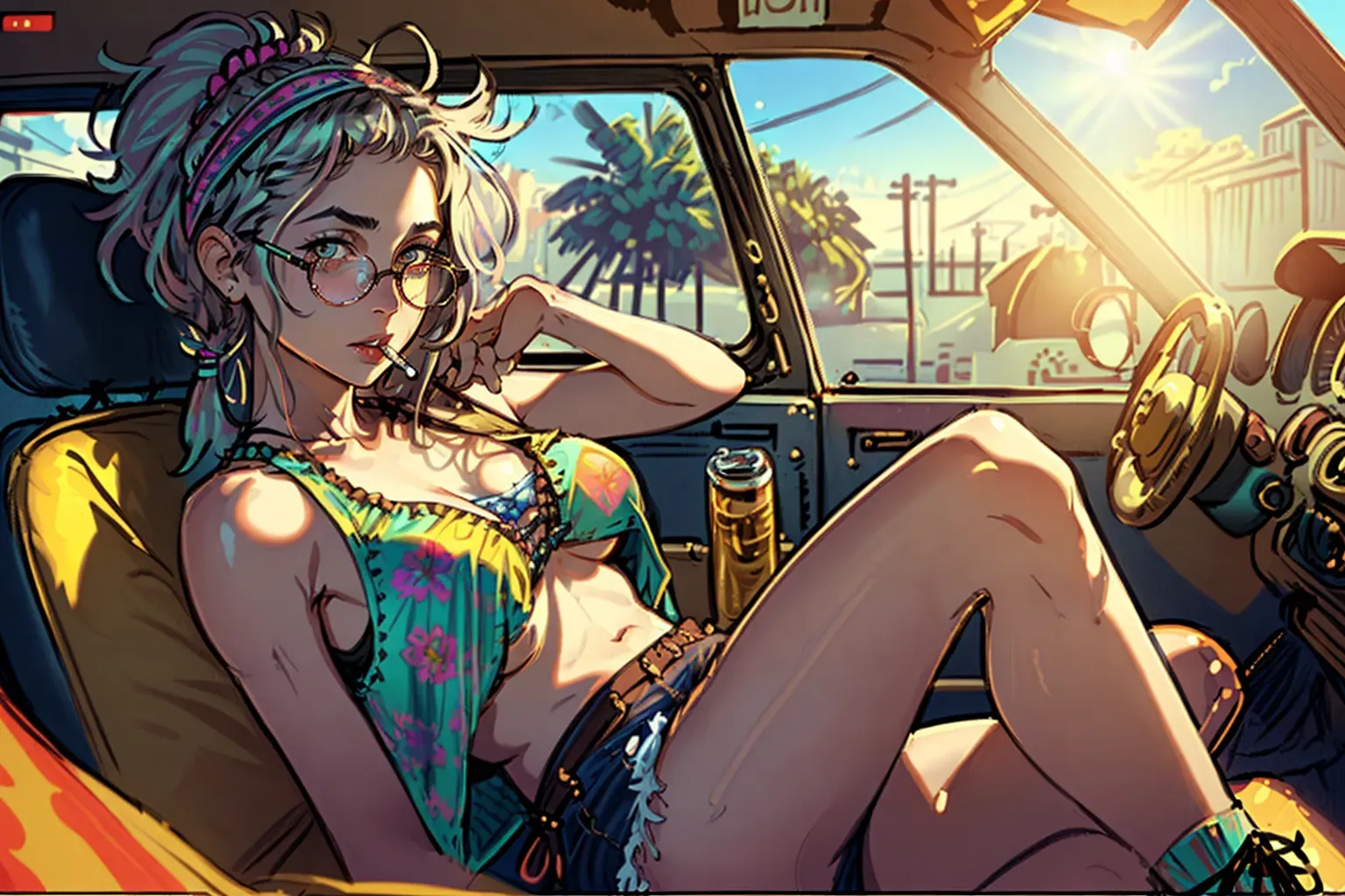realistic HD photograph ((wide shot)), (((teenage Susan Petrie)))((((accurate face)))), (((dazed facial expression))),(((As a stoner Hippie)))(((in the back of a stoner van)))(((((smoking an unfiltered cigarette))))),((wearing a fringed deerskin vest with laces))(((cutoff shorts)))((wearing headscarf))(((wearing round wire rimmed tinted windsor glasses)))((looking down at POV))((seductive facial expression)), ((very sexy pose)),(((perky breasts))), ((short messy hippie hairstyle)),(((petite body))), five slender fingers,, beautiful face, beautiful lips,detailed large eyes,curved eyebrows,cgsociety,cinematic lighting,studio lighting,professional,editorial, <lora:dpmg_upshirt:1>