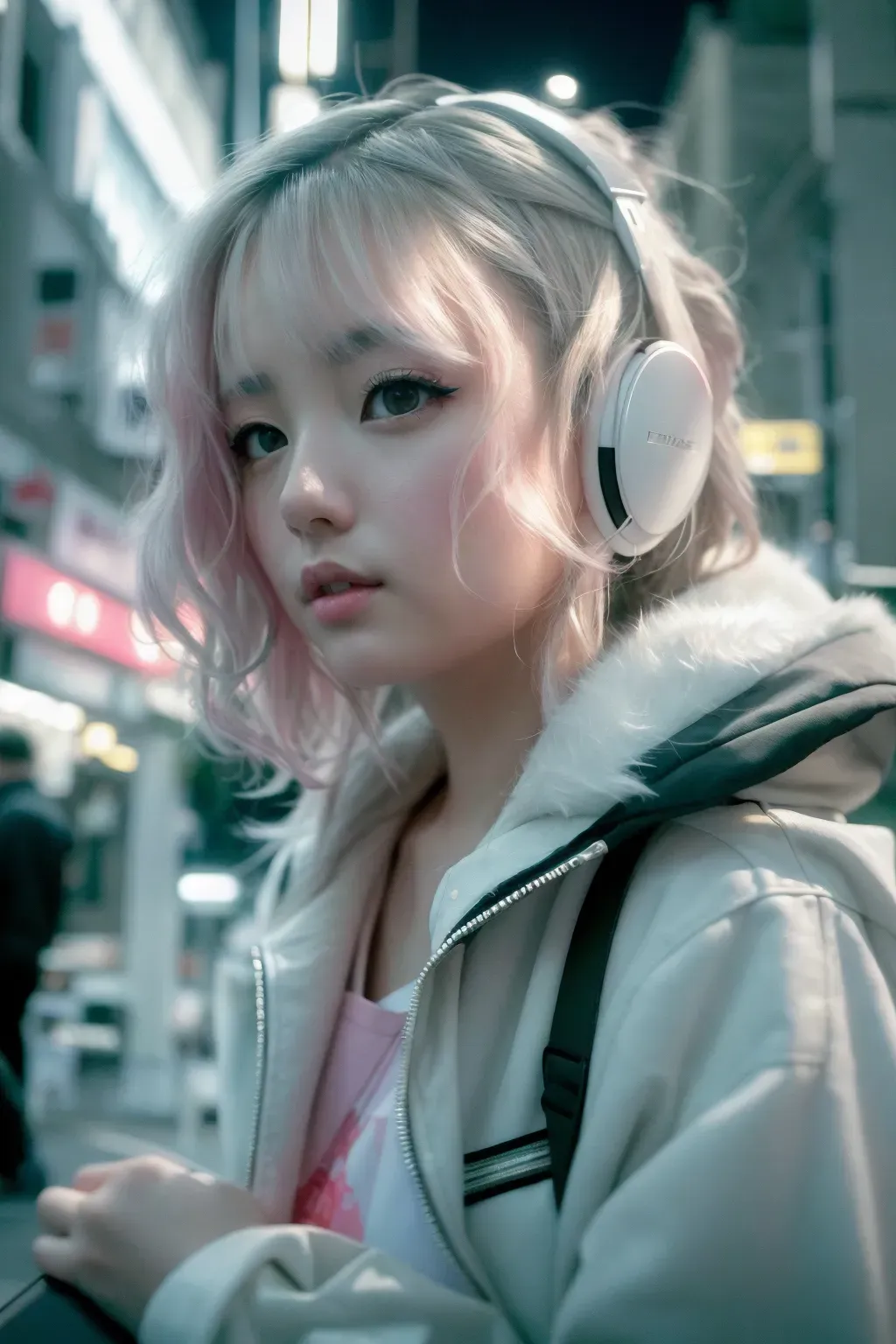 Masterpiece, digital photo, aesthetic girl, hd desktop wallpapers, in the style of neon realism, postmodern portraiture, night, layered street scenes, precisionist art, gadgetpunk, eerily realistic, fine art realism, Fujifilm X-T4, Sony FE 85mm f1. 4 GM --q 2 --s 750 --ar 3:4 --style raw --v 5. 1 --q 2 --s 750 --style raw