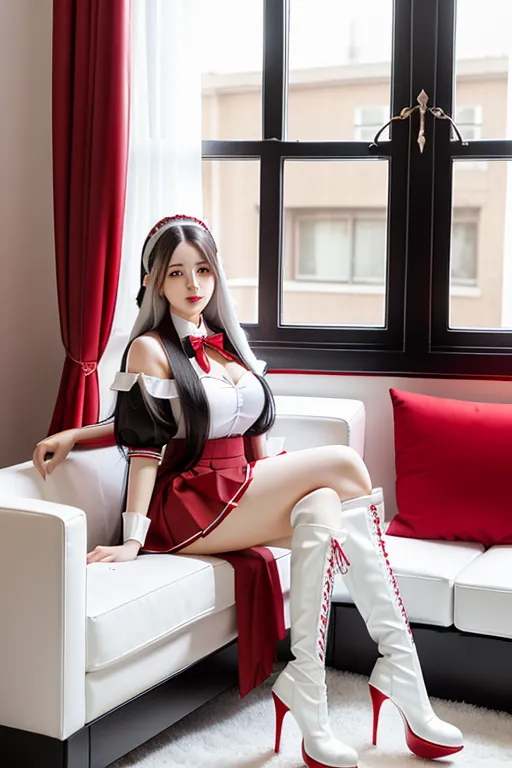 long hair, white hair, brown eyes, black and red maid uniform, miniskirt, giant breasts, looking at viewer, in living room, high heels, pale skin, thigh high boots, cleavage window