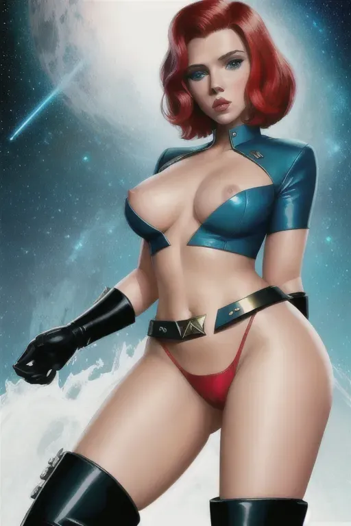 Star trek, scarlett johansson, big breasts, cleavage, pussy, panties showing a little, high boots, 1960s, color, <lora:dpmg_shirt_pull:1>