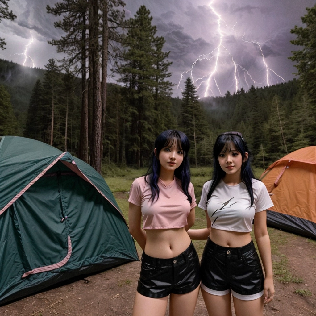 ((Lightning)), portrait of three 24yo busty anime girls at the entrace of a (tent at a campground) next to a forest During a ((thunderstorm)), zoomed in, black hair, pinkish hair, crop top and shorts skirt