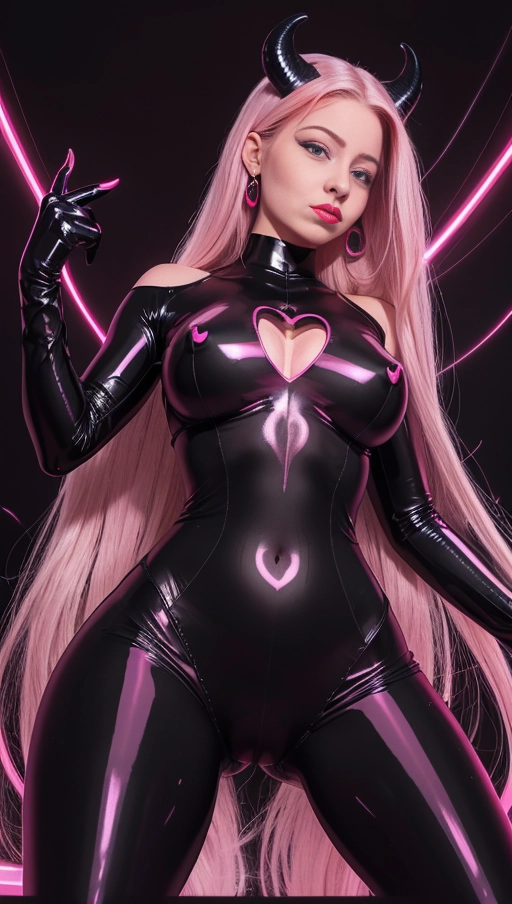 best quality, (((ultra high res))), (((detailed face and eyes))), ((perfect face)), (big shining heart choker), earrings, jewelry, (conjuring), witch, ((very long voluminous hair)), ((((Bordeaux hair)))), ((((black skintight neckholder)))), ((((pink lipstick)))), ((black long sleeves)), ((glowing heart)), (((demon mark))), ((((straight hair)))), (((Kylie Jenner))), (((((very very long Bordeaux hair))))), (((perfect face and eyes))), (((straight hair))), ((black leggings)), (black latex suit), ((succubus)), demon horns , (((huge cameltoe))), black gloves, ((pov from below)), dark background, (((strands))), (((pink glowing lines)))