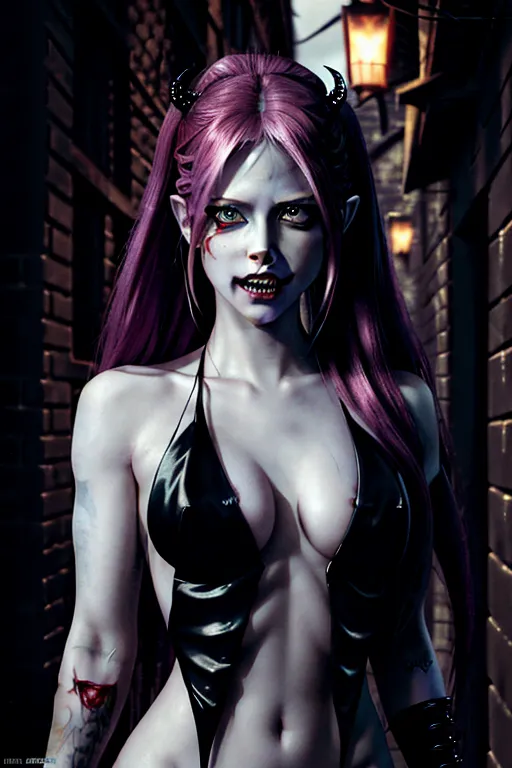 (Avril Lavigne), nude, ultra detailed face, 64k, vampire, razer sharp teeth, vampire teeth, blood on teeth, squinting menacing eyes, evil expression, dark alley, body modification, ultra detailed body image, 4k, ultra realistic, photo realistic,upper body portrait,