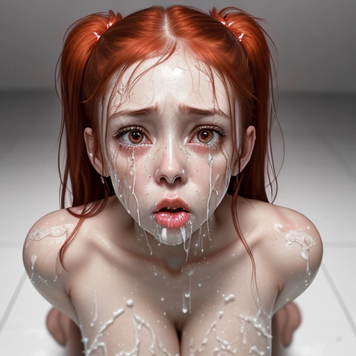 unhappy, scared, (kneeling) (looking up into camera) 25 year old woman, nude, red head, (crying), (tears mixed with cum), (sobbing), ((tears)), (small tits), flat chest, athletic, red pigtails, mouth wide open, saliva, cum, (cum in mouth), ((cum splattered on face)), (saliva mixed with cum), cum pouring from mouth, eyes wide open, cum mixing with tears, crying, sobbing, cum mixing and flowing down face to tits, cum running down chest, cum on floor, cum dripping out of pussy, hairy pussy, 4k, photo realistic, iphone