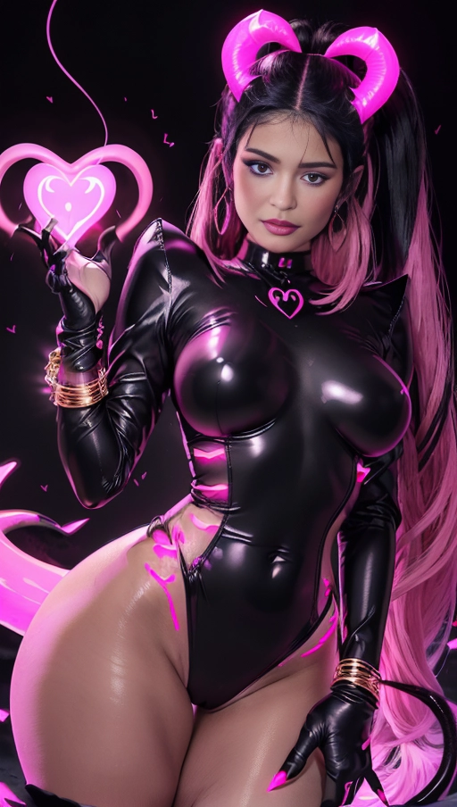 best quality, (((ultra high res))), (((detailed face and eyes))), (perfect face), (big shining heart choker), earrings, jewelry, (((big glowing succubus mark))), ((((big glowing succubus bodymark)))), (conjuring), witch, ((very long voluminous hair)), (((black gloves))), (((black hair))), (((single black ponytail))), (((golden bracelet))), (((huge golden hair cuff))), (((black skintight neckholder))), ((face closeup)), lipstick, (((((black demon tail))))), ((black long sleeves)), ((purple glowing heart)), (((big cameltoe))), (((demon mark))), heart on womb, (((((bright pink glowing skin tone))))), (((straight black hair))), ((pink glowing clothes)), ((pink luminescent)), ((((pink luminescent skin tone)))), (((pink skin))), (((Kylie Jenner))), (((from below)))