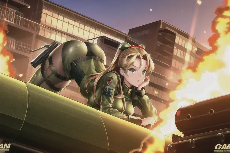 CG ART, cammy, camouflage color, sniper weapon, focus on ass, pretty face, green eyes, building on flames background, army base, afternoon, highly detailed, shiny body, shiny hair, medium boobs, blonde hair