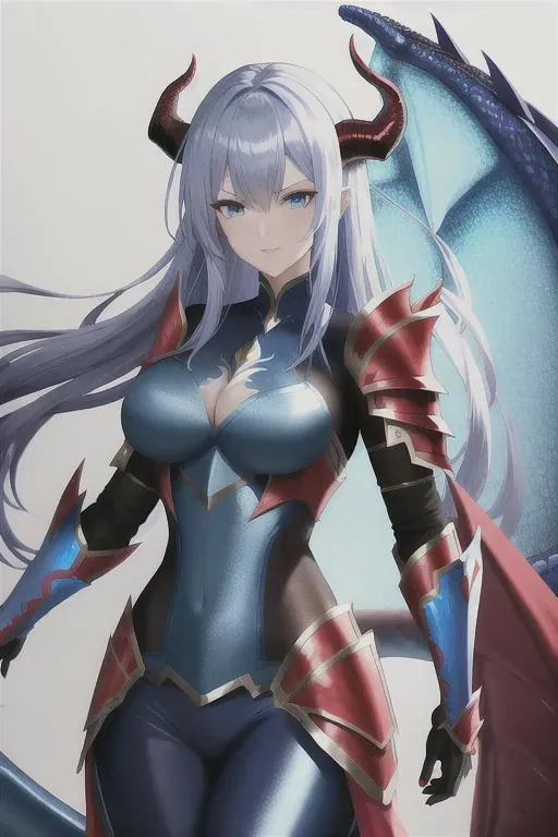 woman, dragon tail, dragon horns, blue fire, blue eyes, red hair, silver armor,
