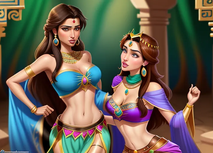 tan skinned black haired Arabic Princess Jasmine of Agrabah teaches her friend the beautiful Nordic auburn haired Queen Anna of Arendelle portrayed by Elizabeth Lail how to belly dance. photorealistic. <lora:dpmg_snake_coiling:1>