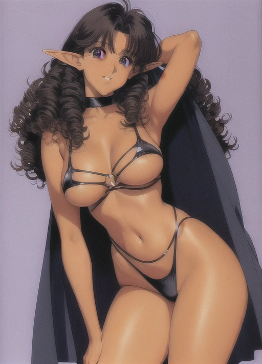 (((90s anime art style))),(masterpiece), absurdres, smooth, soft lines, soft edges, perfect edges, (soft lighting), (soft glow), perfect anatomy, detailed background, hair with great details, perfect eyes, perfect face, (looking at viewer),
lip gloss, smiling, ((flushed cheeks)), erotic, sensual, forest background, hand on hip
((curly black hair)), pubic hair, thick thighs, wide hips, small breasts, ((dark skin)), ((extremely dark skin color)), tall slim athletic build, athletic, pelvic curtain, cloak around shoulders, elf woman,