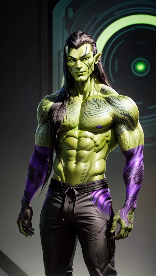 Muscular male, (((green skin))), black tribal tattoos, long black hair, purple eyes, cheerful, gray shirt, gray pants, futuristic clothing, alien
Fullbody view, masterpiece, absurdres, ((((solo focus)))), 8k, perfect edges, ultra realistic, perfect anatomy, low light, perfect face, fine details, realistic shaded, realistic body, photoshoot, male
<lora:dpmg_add_detail:1>