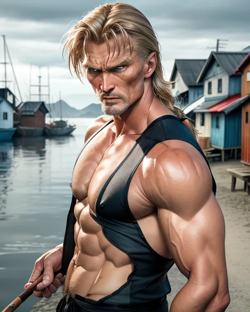 Fishing village background, Dolph Lundgren, silver skin tone, brown hair, facial hair, angry expression, full face and body in frame,