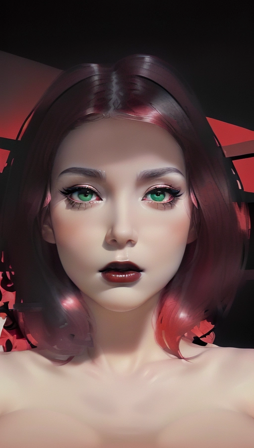 A 8k resolution photo shot of adult German woman, ultra detailed, ultra detailed skin, Adult rockstar woman, masterpiece, (realistic, photo-realistic:1.37), thoughtful face, ((green eyes)), round face, Caucasian white skin, ((short Bright red hair,)) ((roses red cheeks), heavy eyeshadow, heavy black eyeliner, face, large breasts, bright red lips, highly detailed skin textures, highly detailed eyes, ((blank red background)), gorgeous face, bare neck, professional photograph, dramatic bright lighting, (((completely naked))), wide face, Chubby cheeks. wide neck, ((((plain Black background))))
