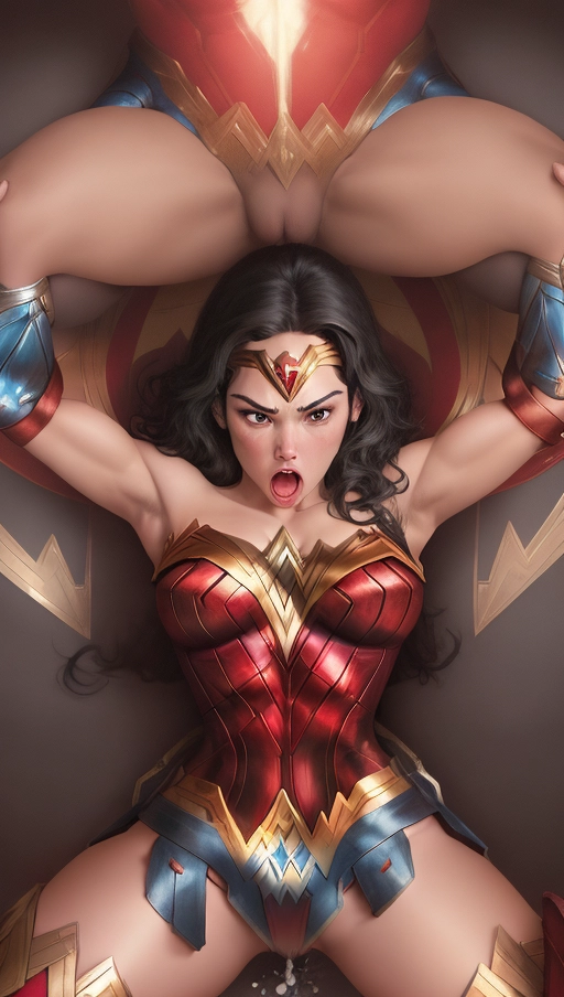 an explicit depiction of ((Wonder Woman getting fucked by a huge black man)), 1 female, 1 black male, spectators, cum oozing between her legs, cum on her moth, interracial, tears in her eyes, bruises on her arms