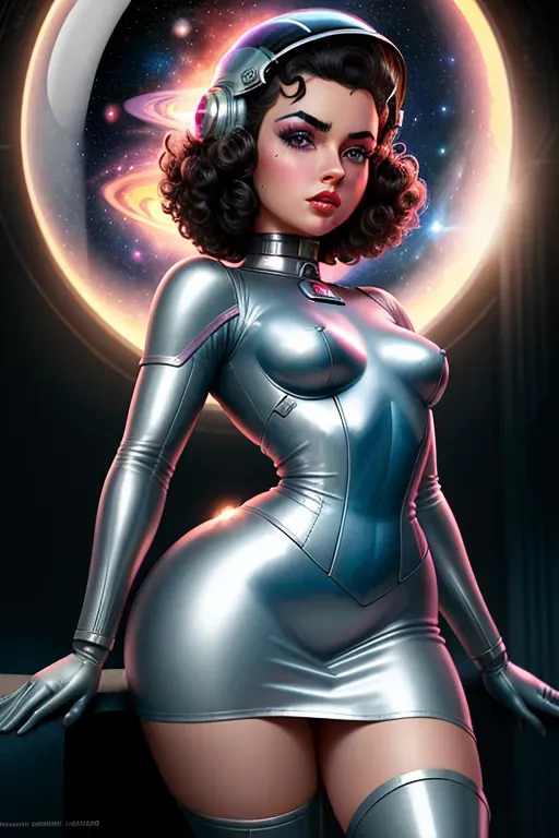 Retro sci fi, 1950s, atompunk genre, space woman, damsel in distress, Hispanic, beautiful mid dark curly hair, glass dome helmet over head, dark eyebrows, blue eyes, soft cheeks, small nose, full pink lips, small pointy breasts, mid build, curvy, thin waist, thicc thighs, full ass, aroused clit, throbbing anus, half naked, silver leather space suit with a reveling skirt, captive, ass facing me, submissive, wanting sex, Disney animation, high definition, 4k quality, cinematic lighting, great shading, excellent detail, five fingers per hand, two arms and legs.