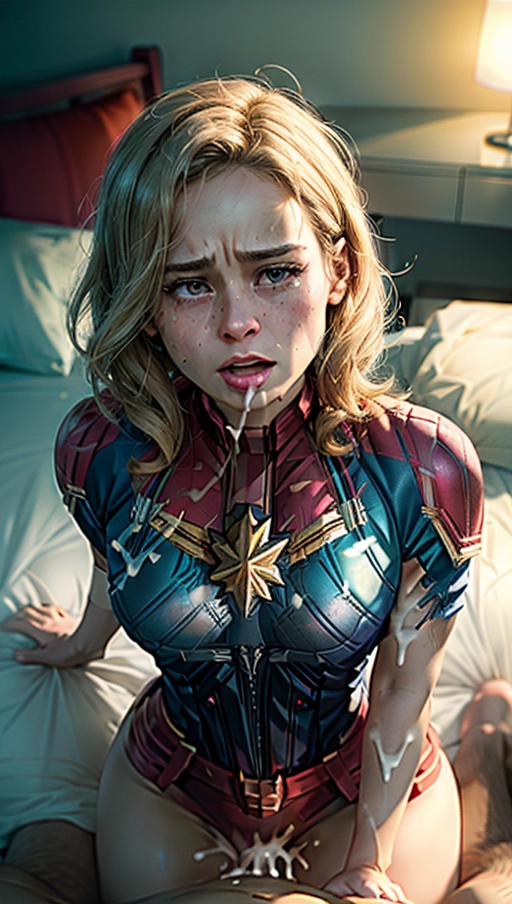 (((actress Brie Larson))), an pornographic portrait of, Brie Larson, ((as a Her character caption marvel)), ((most accurate photo of Brie Larson face)),
(Hypnotized), (photo realistic:1.37), (modern artwork), 1female, (perky tits, fit, athletic), glistening skin, pale skin, ((extremely messy hair in a bob cut
)), ((shocked confused expression on face)), (dark lighting), (((wearing a torn up captain marvel themed ball gown))), perfect tits, legs spread wide, showing pussy, tits out, arched back, ((looking right at the camera)), getting her hair pulled, (((showing her face to viewer))), ( crying tears, sobbing), ((half way undressed, exposing breasts)), (((on her back))), ((<lora:headpat:1>)), ((worst day of her life)), ((blushing)), (being black mailed), pulling her own top down to show the viewer her tits, (((grabbing the viewers arm))), cold nose, ((back pressed into bed)), ((holding mouth wide open for the viewer)), (((a man reaching out and grabbing her by the throat))), <lora:dpmg_pov_doggy:1>,
(((covered in cum))), ((dress ripped and torn)), messy hair, ((cum dripping out of her mouth)), (cum slut), cloths pulled off,
((best quality)), <lora:dpmg_add_detail:0.5>, beautiful,(high resolution), (((masterpiece))), (uhd), (8k), ((sharp focus)), <lora:plVOer6ObyM_epiCRealismHelper:1>