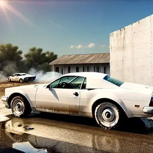 realistic art, gigantic boobs, 18, washing car, sad, white, blonde, bangs hair, white, morning, abandoned building, full shot, choker, topless
