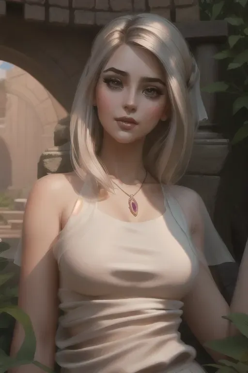 a illustration of,lisa,naked,standing,in the garden,five fingers per hand,silky hair,beautiful face,beautiful lips,detailed large eyes,curved eyebrows,curved eyelid,joyful,wearing necklace,artstation,smooth,cgsociety,unreal engine,highly detailed