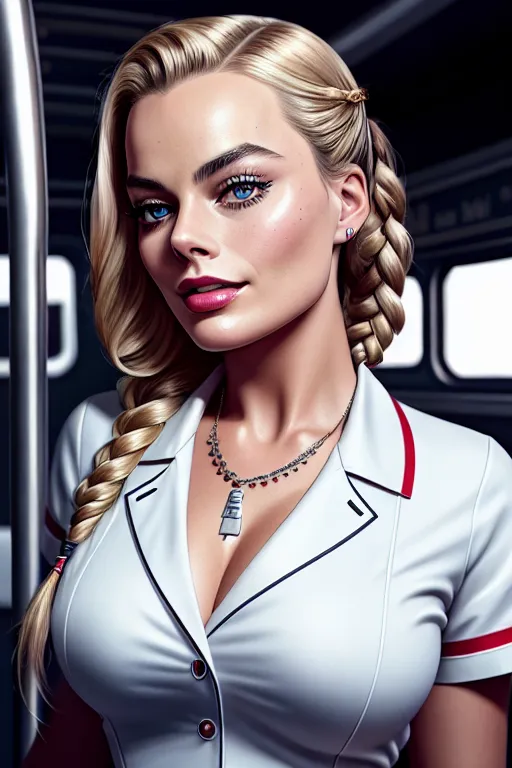 a illustration of,margot robbie,wearing nurse clothes,walking,in the bus,amazing breasts,five fingers per hand,braids hair,gorgeous face,beautiful lips,detailed large eyes,curved eyebrows,smooth skin,joyful,tattoo,highly detailed,studio lighting,bokeh,surreal,ultra realistic