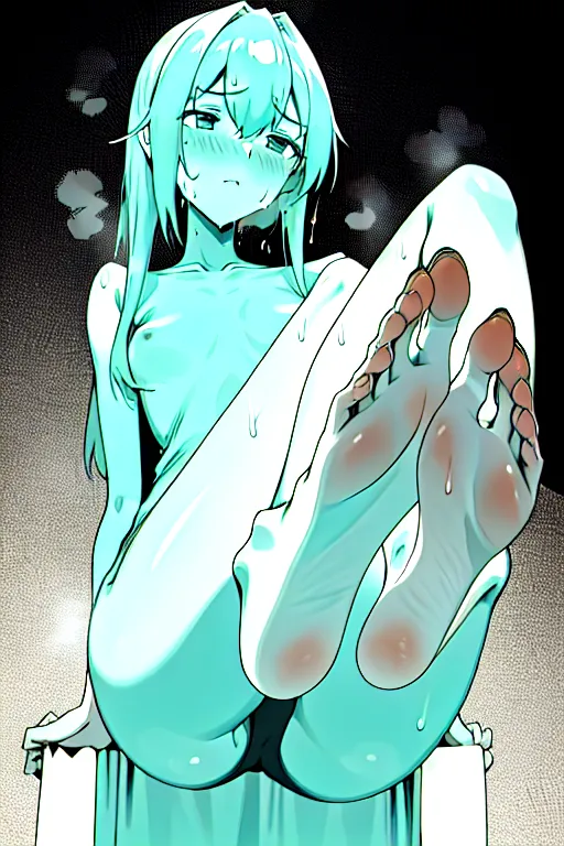 picture of a beautiful woman, 25 years old, barefoot, showing soles, foot fetish, smooth soles, beautiful facial features, having her feet licked, foot, feet, sweat, sweating, sweaty, five slender toes on each foot, medium length toes, two feet, small soles