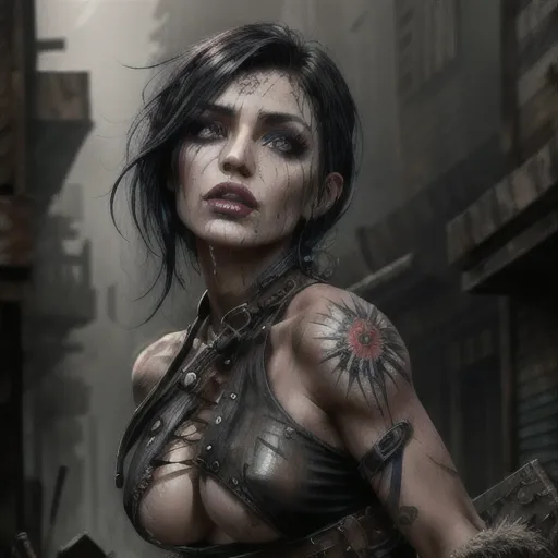 post-apocalyptic raider woman, heavily scarred but beautiful, wearing an outfit of black leather straps, fishnet and lace, black hair, bloodshot eyes, portrait, showing cleavage and underboob, digital art, wet wash, wet brush, watercolor, oil on canvas, photoillustration, dystopian, plump lips, oiled skin, <lora:dpmg_add_detail:1> dpmg_lauren_summer_v1, detailed eyes