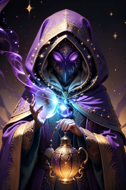 8k, digital photo of, high fantasy, faceless, intricate detail filigree pattern mask, Hooded. mages robes (purple and gold), small orbs floating, circling, magic symbols, holding a bottle that contains a galaxy, stars, nebula, finely detailed background, amazingly intricate background, incredibly absurdres, best quality, pixiv, bokeh, perfect lighting, depth of field, play of light, absurd res, candid, high contrast, wizards laboratory background