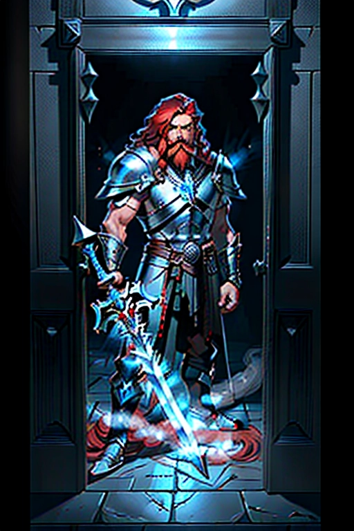 Fantasy knight with holding a large greatsword, red hair, full red beard, blue eyes, strong chin, wearing a violent black tunic, wearing ebony steel armor, holding a greatsword with one hand, it is a full sized flaming enchanted greatsword, holding a large red and silver shield with the other hand, holy cross crest, standing regal, standing in the grand doorway to a throne room, just busted down the door, staring down the court of an evil king, thunder and lighting outside the door in the background, ((high definition)), ((4k quality)), ((excellent lighting)), ((great shading)), ((pristine detail)), ((really clear picture)), ((dark gritty colors)), ((accurate at lower prompt guidence)), ((ultra realistic)), (((five fingers per hand))), (((two arms per person))), (((two legs per person))), ((((100 percent according to prompt))))
