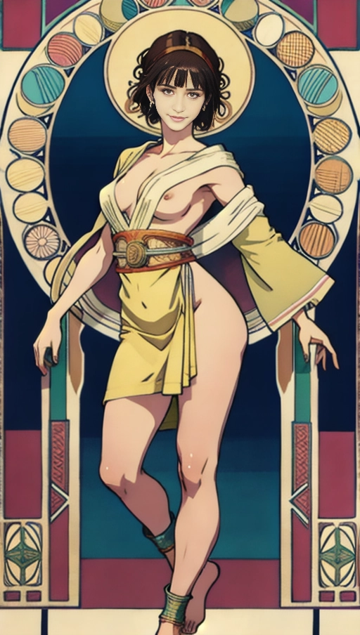 painting with (mucha artstyle) of, masterpiece,perfect edges, ultra realistic, perfect anatomy, realistic skin texture, ((full body)), woman, standing, short dark hair, highly detailed face, detailed eyes,perfect hands, medium breasts, (wearing toga), ((bare breasts))